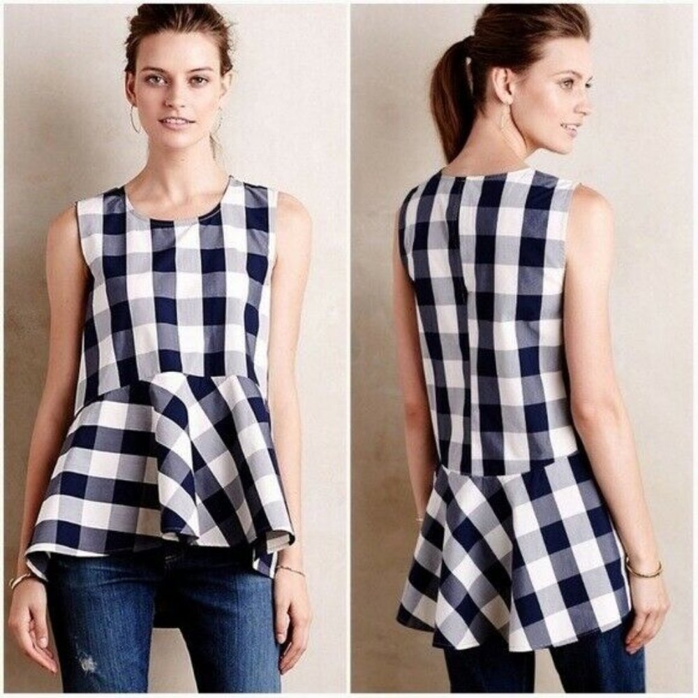 Anthro HD in Paris Hi-Low Gingham Peplum Top Sz 4 - Picture 1 of 7